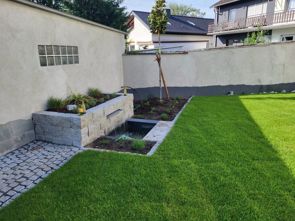 Garten-Mauern und Einfassungen: Natursteinmauer mit bepflanzten Fugen im Garten und Rollrasen / Fertigrasen